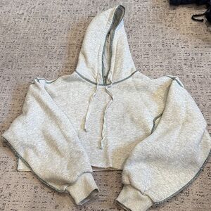 Cropped Gray Hoodie with Teal Stitching